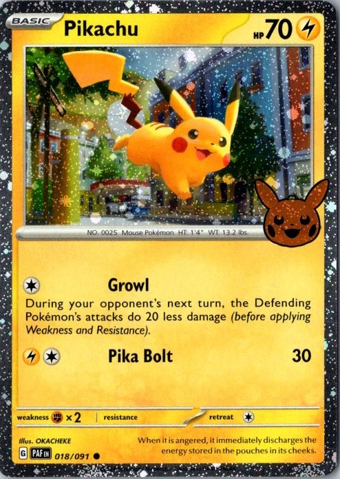 Pikachu 018/091 Paldean Fates Trick or Trade 2024 Stamped Holo Pokémon Card NM front