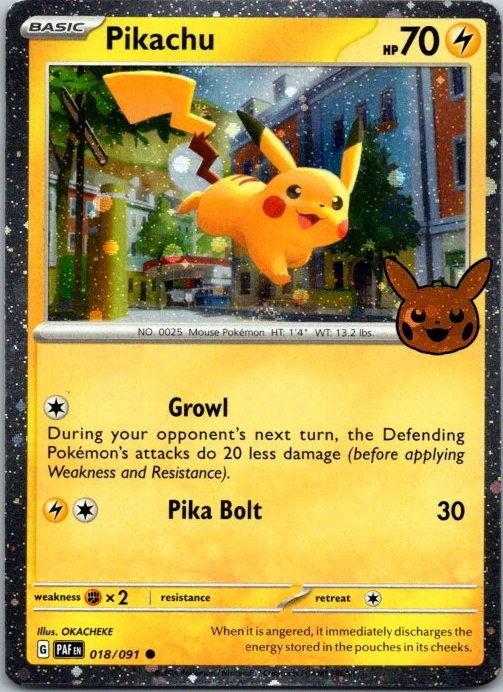 Pikachu 018/091 Paldean Fates Trick or Trade 2024 Stamped Holo Pokémon Card NM front